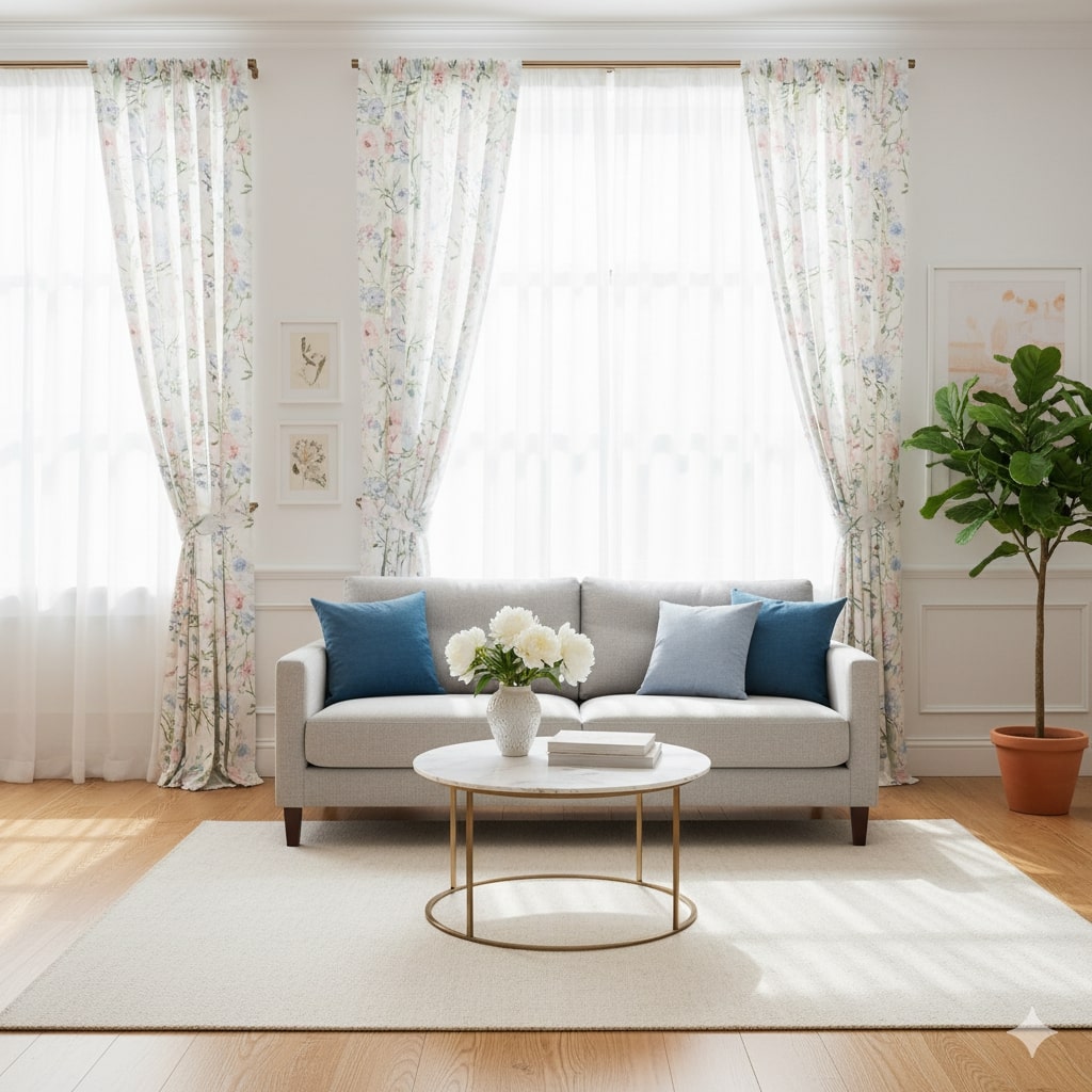 Custom floral linen drapes handcrafted by Curtainity in a modern living room.