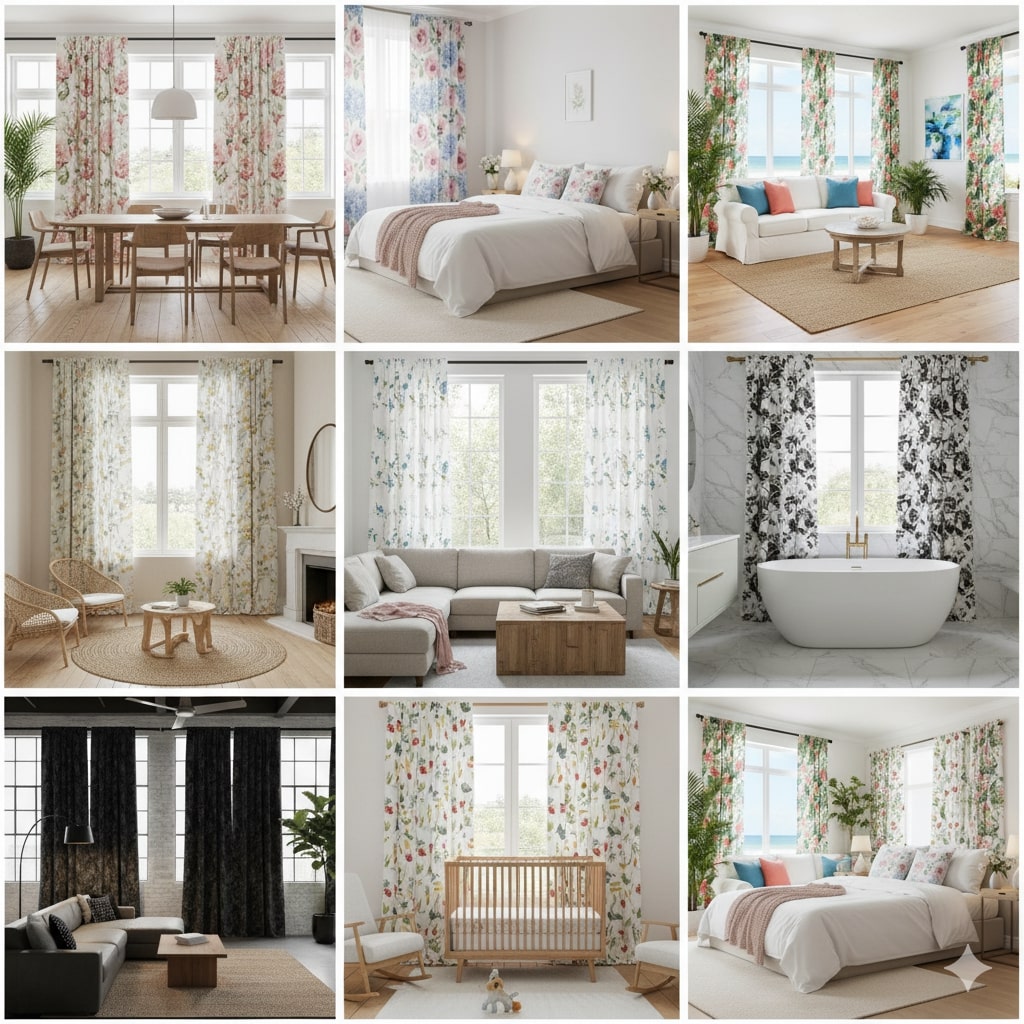 Floral drapes styled in living room, bedroom, dining area, and nursery.
