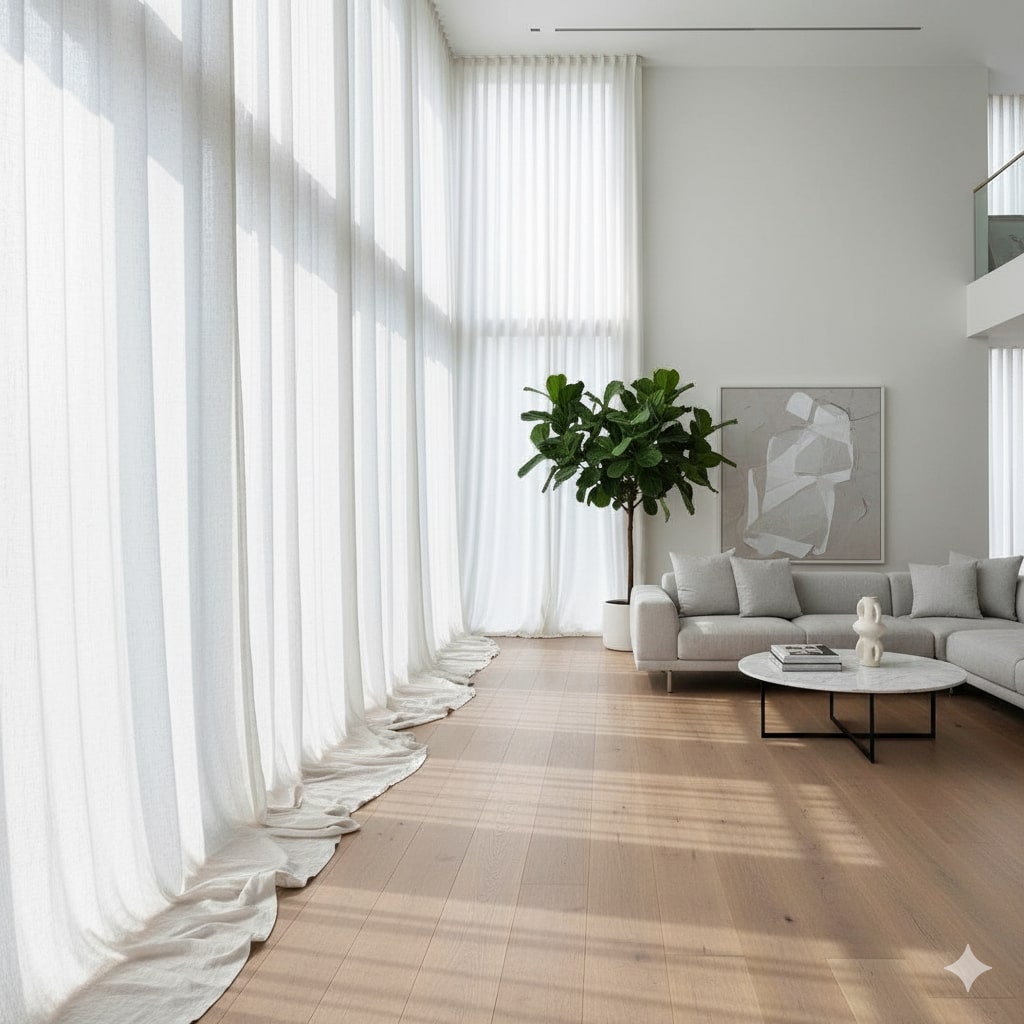 Extra long white linen curtain drapes in a tall modern living room by Curtainity