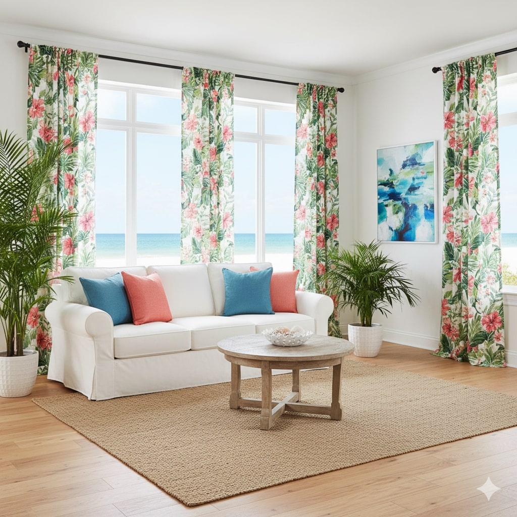 Tropical floral curtains in a coastal-inspired living space.