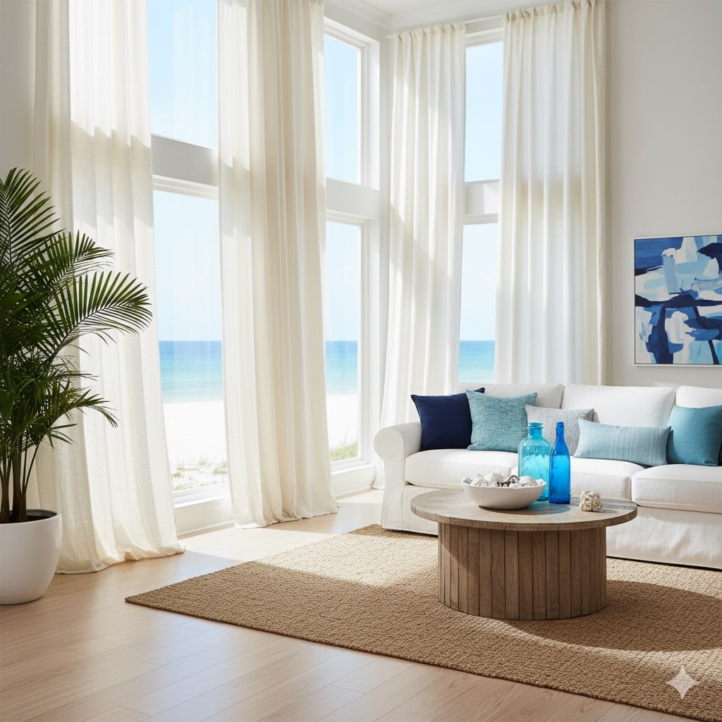 Coastal home with floor-to-ceiling ivory linen drapes beside blue accents