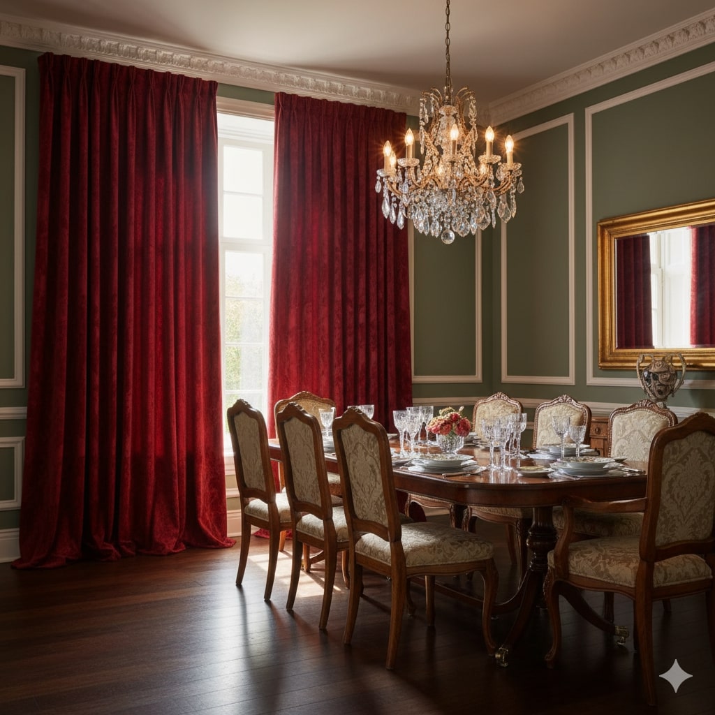 Formal dining room with velvet burgundy drapes by Curtainity