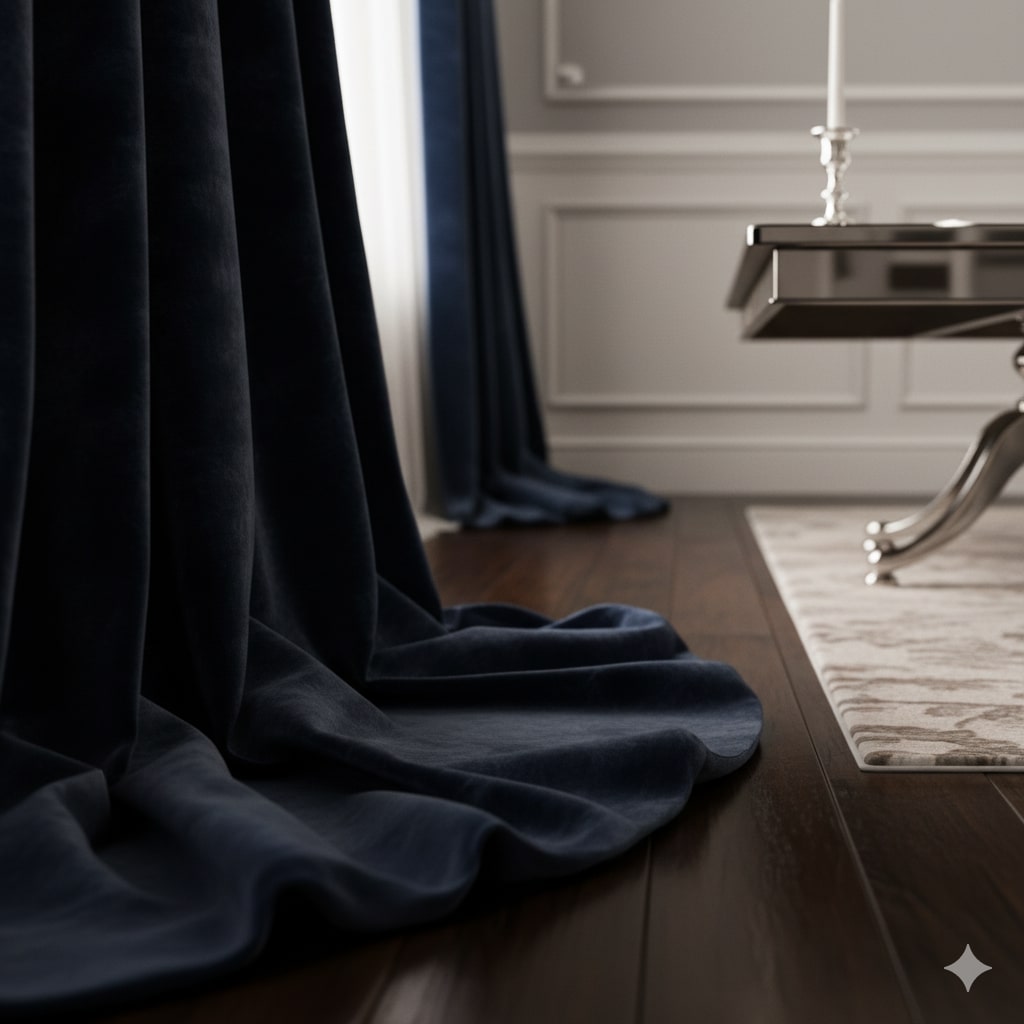 Velvet dining drapes with soft folds and custom craftsmanship by Curtainity