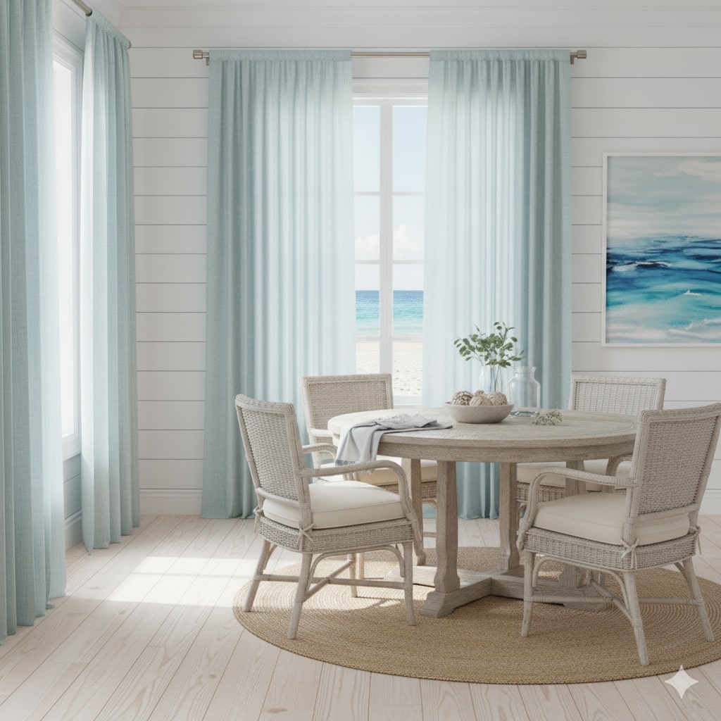 Coastal dining room featuring light blue and white linen drapes