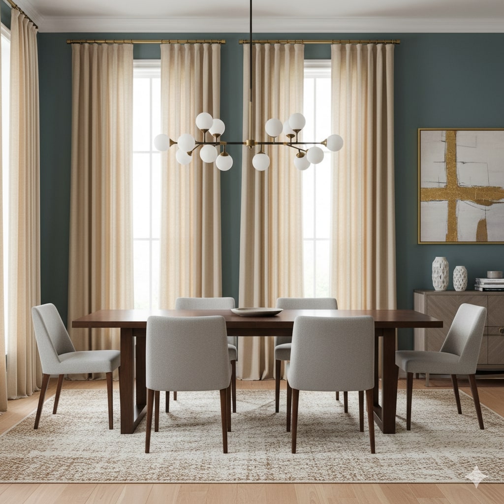Custom dining room drapes handcrafted by Curtainity with pleated linen panels.