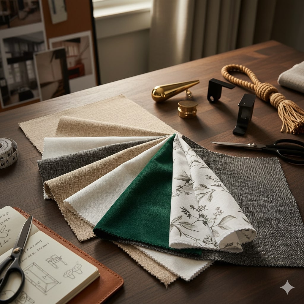 Dining drapery fabric and hardware selection for custom design consultation.