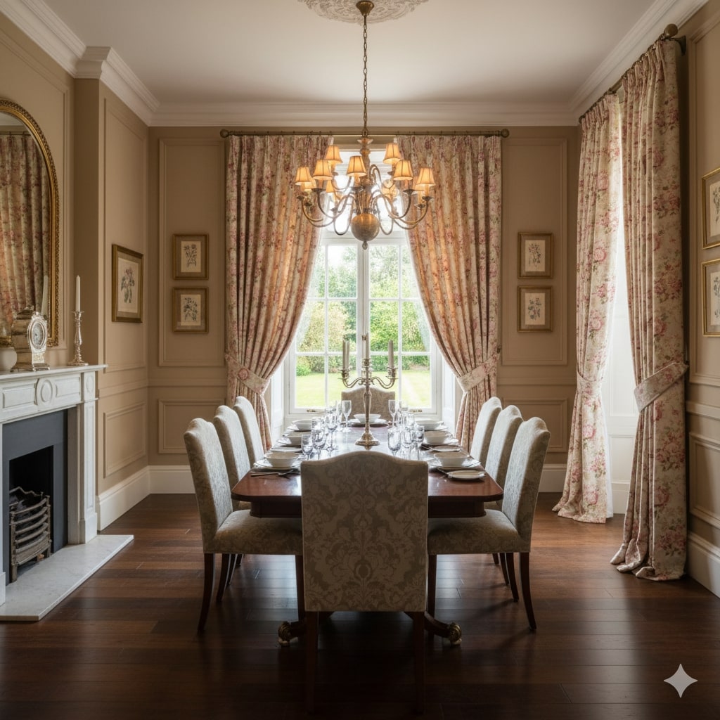 Vintage floral drapes with rose motifs in a classic dining room.