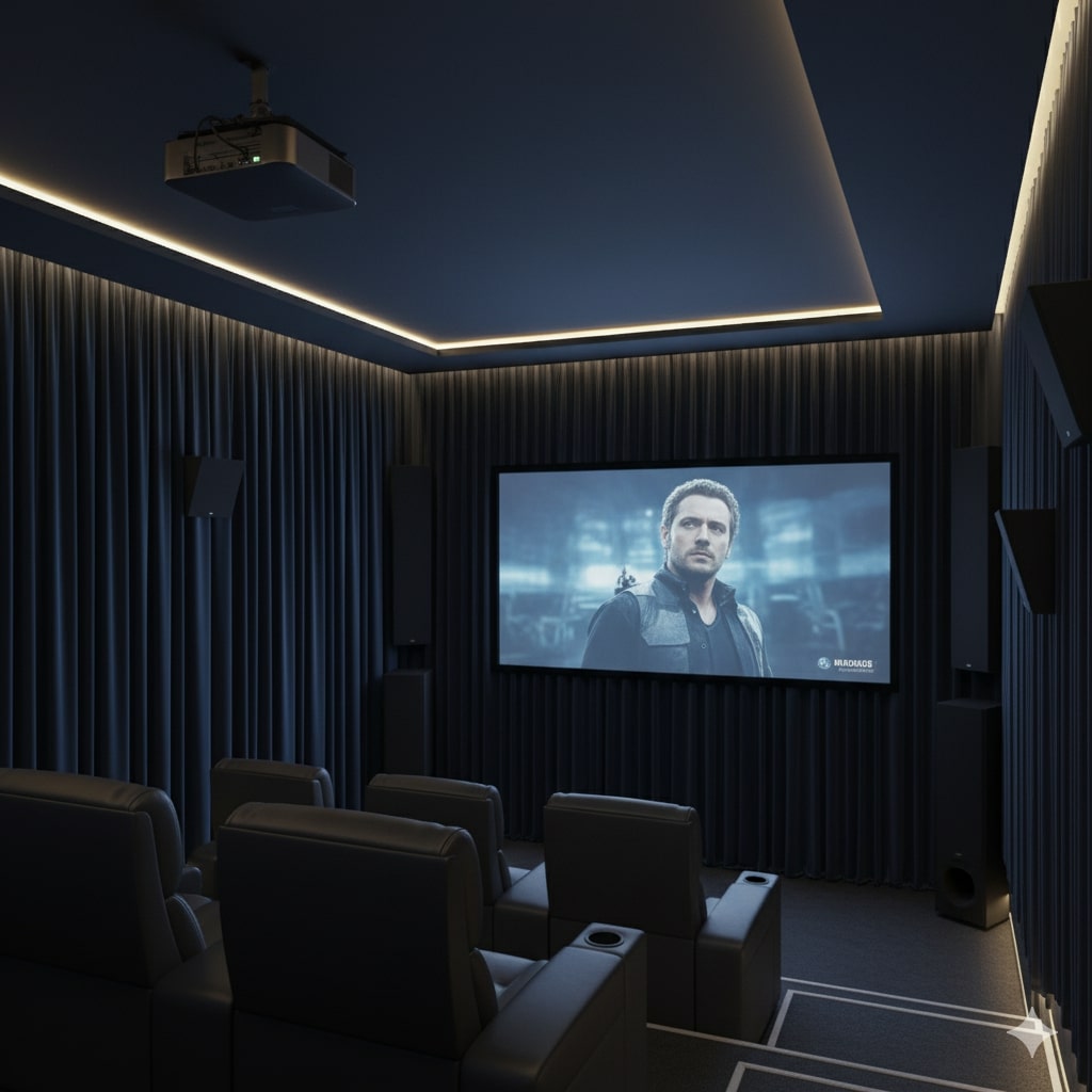Acoustic noise reduction curtains in a luxury home theater.