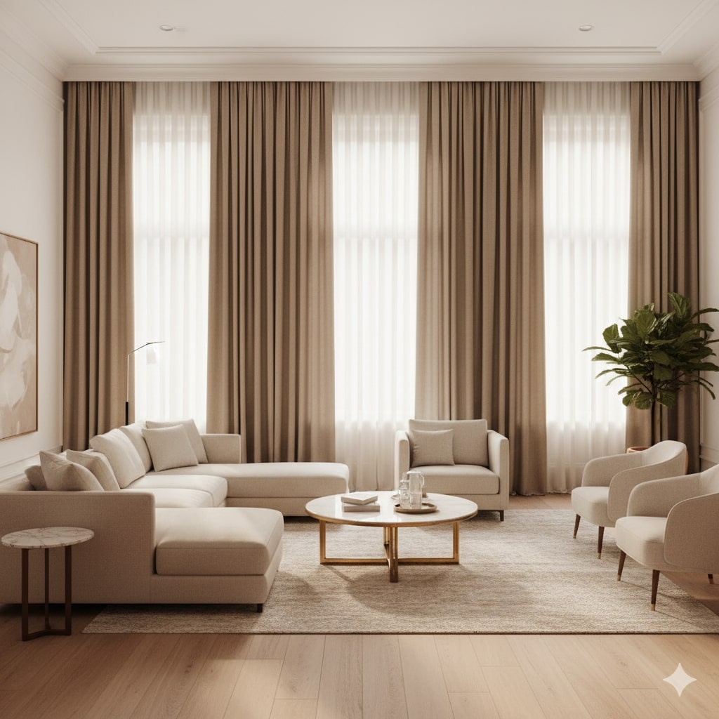A luxurious living room with large windows dressed in custom drapes By Curtainity
