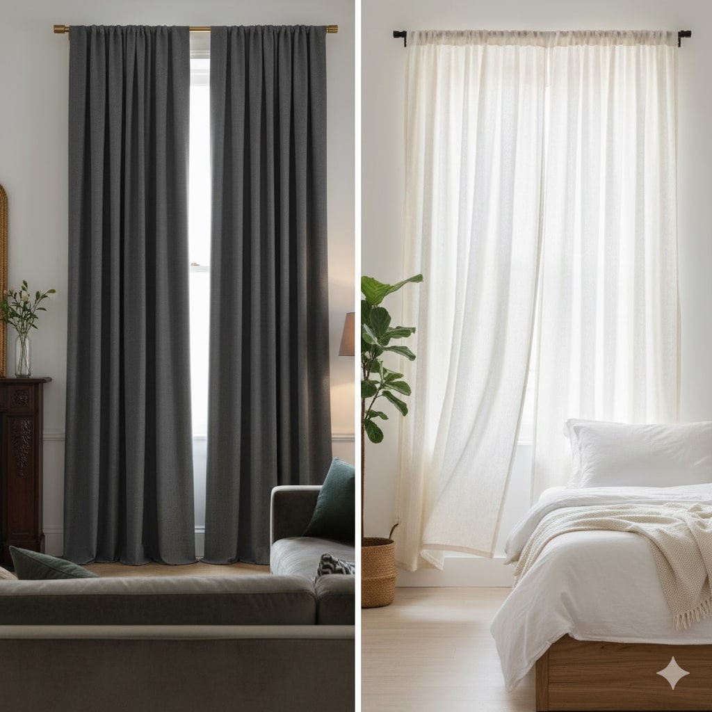 Curtainity linen drapes and curtains Side by side comparison thick lined linen drapes in a formal living room vs. unlined linen curtains in a breezy