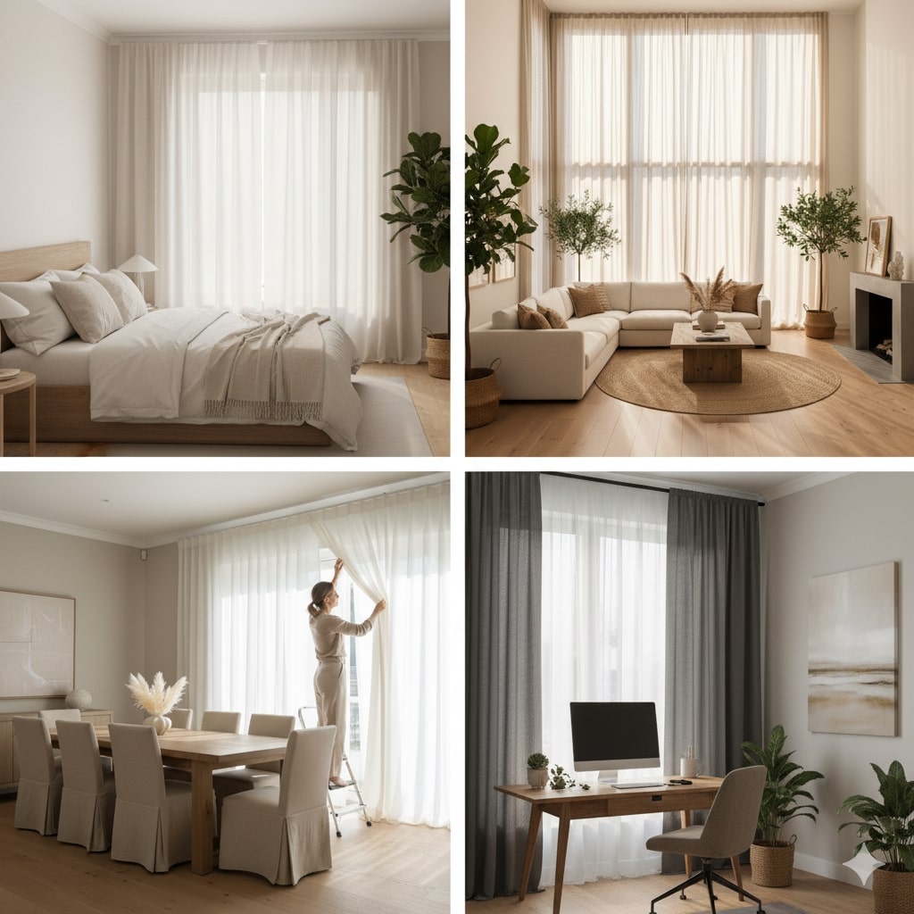 Curtainity linen drapes and curtains in different spaces