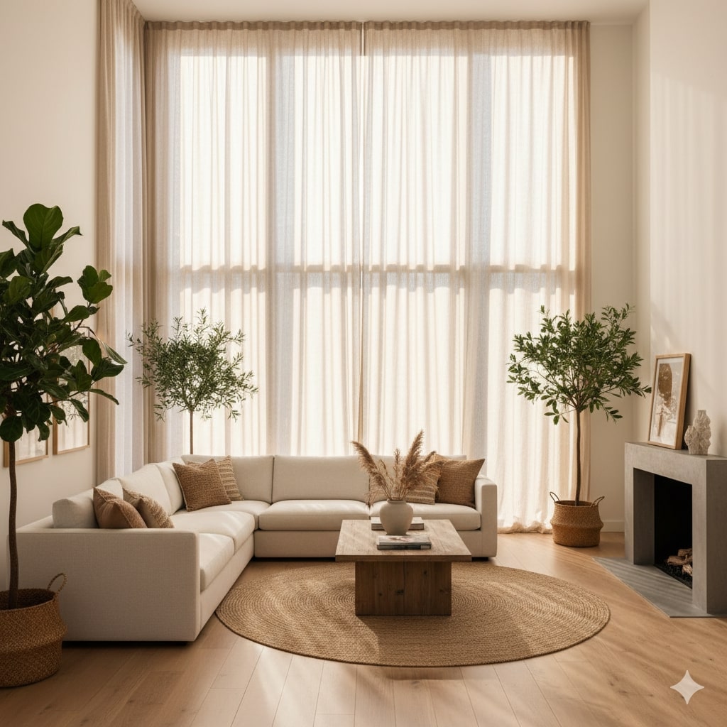 Curtainity linen drapes and curtains living room with beige linen drapes.